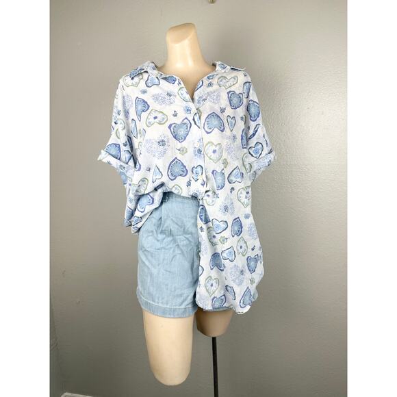 Vintage 80s 90s Heart Floral Novelty Print Button Front Plus Lightweight Top - Picture 8 of 14